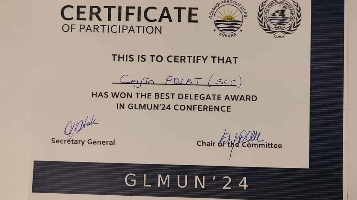 Okulumuz 10/B öğrencisi Ceylin Polat,GLMUN’24 konferansına katılmış ve komitesinde “en iyi delege” ödülü almıştır.